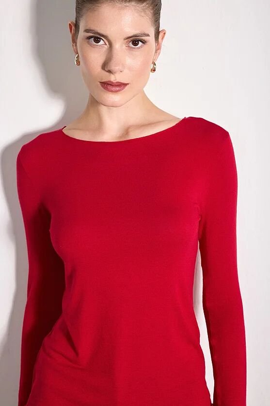 Kayık Yaka İpeksi Modal Örme Bluz - Kırmızı - 3