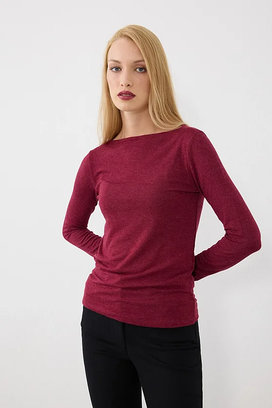 Kayık Yaka Uzun Kollu Örme Bluz - Bordo - 1