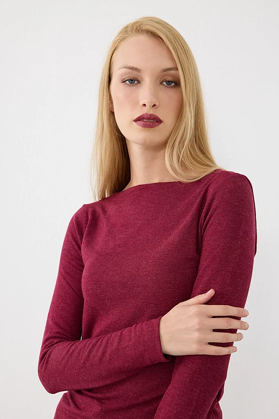 Kayık Yaka Uzun Kollu Örme Bluz - Bordo - 4
