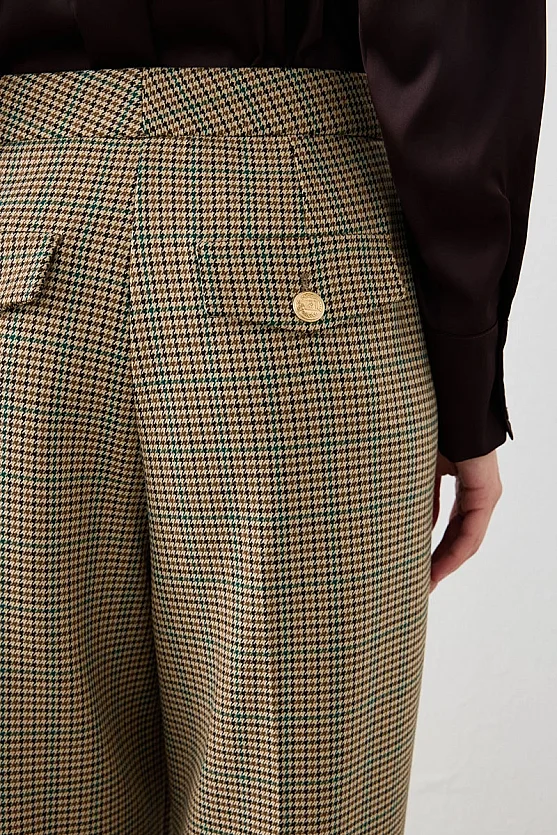 Kazayağı Desen Bol Paça Kumaş Pantolon - Kahverengi - 3