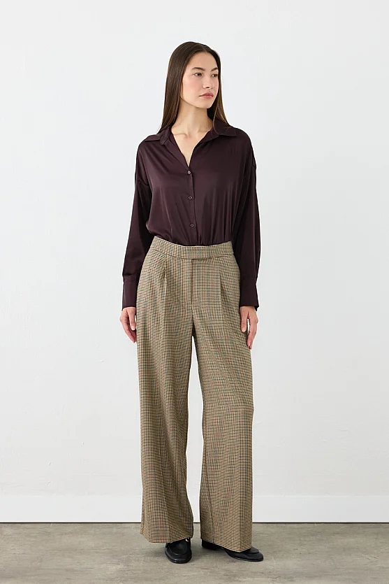 Kazayağı Desen Bol Paça Kumaş Pantolon - Kahverengi - 4