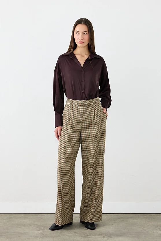 Kazayağı Desen Bol Paça Kumaş Pantolon - Kahverengi - 5