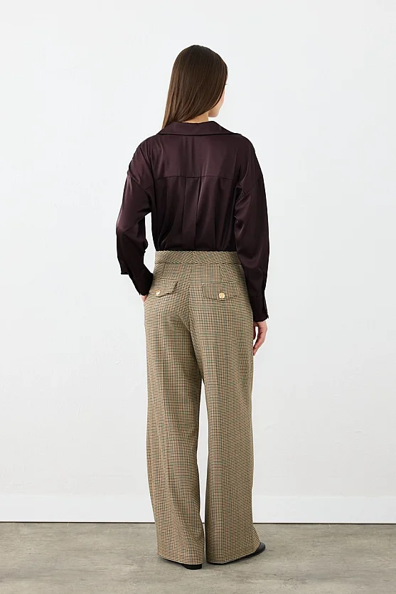 Kazayağı Desen Bol Paça Kumaş Pantolon - Kahverengi - 8