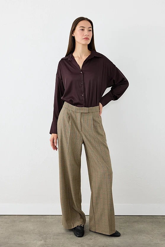Kazayağı Desen Bol Paça Kumaş Pantolon - Kahverengi - 9