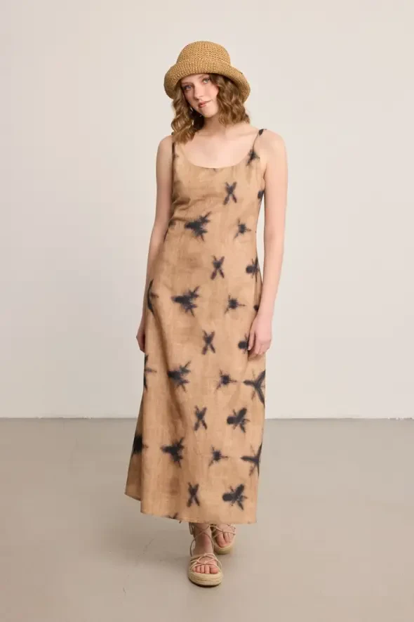 Kelebek Koleksiyonu Askılı Keten Uzun Elbise - Vizon - Gusto