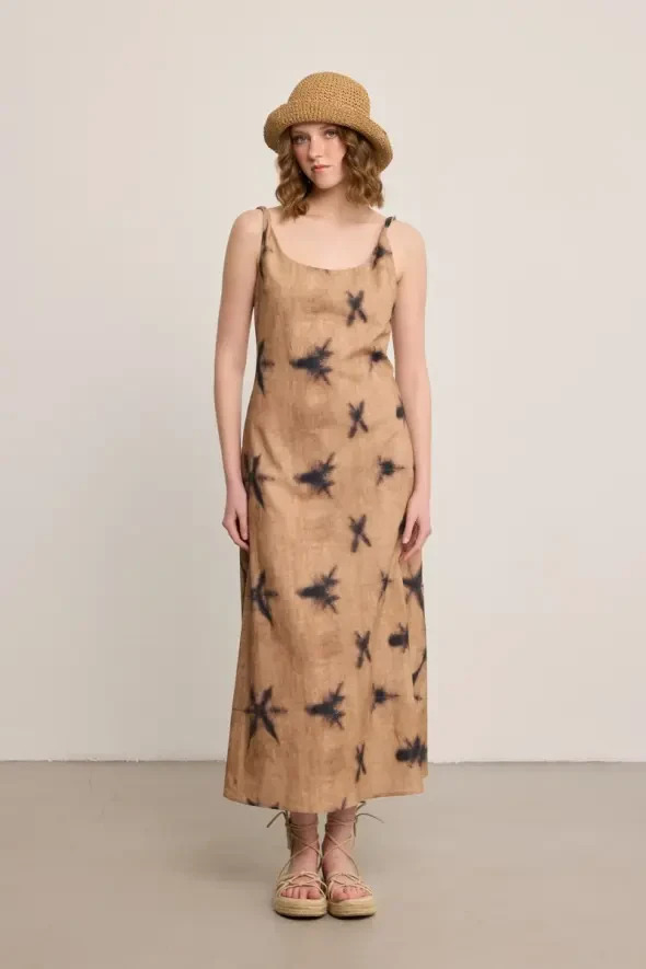 Kelebek Koleksiyonu Askılı Keten Uzun Elbise - Vizon - Gusto