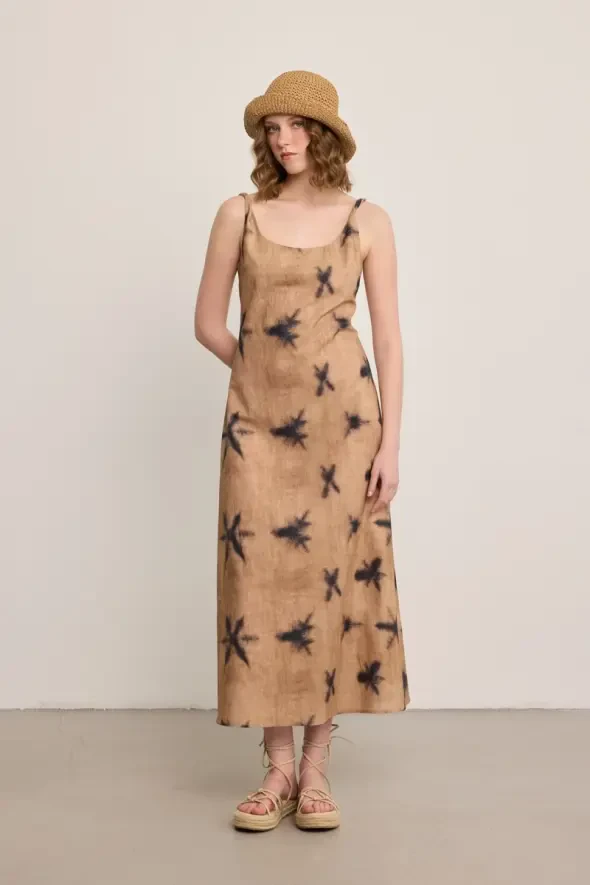 Kelebek Koleksiyonu Askılı Keten Uzun Elbise - Vizon - Gusto