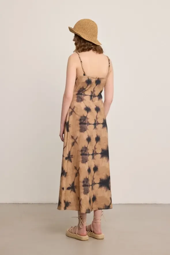 Kelebek Koleksiyonu Askılı Keten Uzun Elbise - Vizon - Gusto