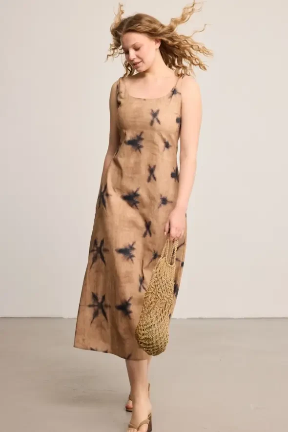 Kelebek Koleksiyonu Askılı Keten Uzun Elbise - Vizon - Gusto