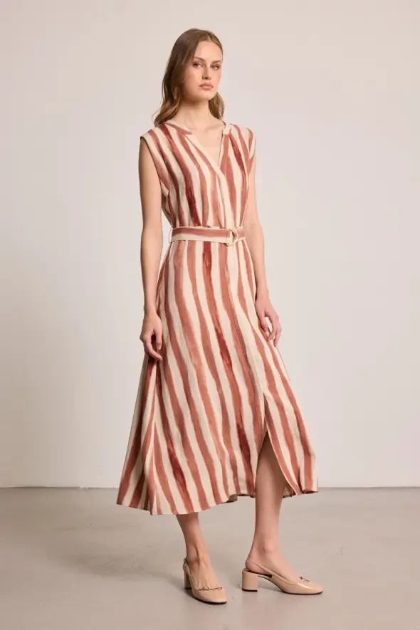 Kelebek Koleksiyonu Kemer Tokalı Uzun Keten Elbise - Bej - Gusto