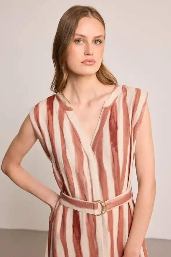 Kelebek Koleksiyonu Kemer Tokalı Uzun Keten Elbise - Bej - Gusto