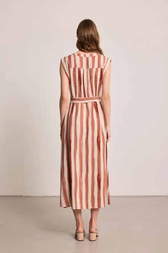 Kelebek Koleksiyonu Kemer Tokalı Uzun Keten Elbise - Bej - Gusto