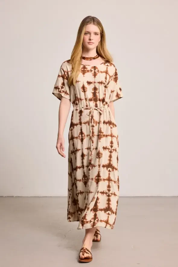 Kelebek Koleksiyonu Uzun Keten Elbise - Kahverengi - Gusto