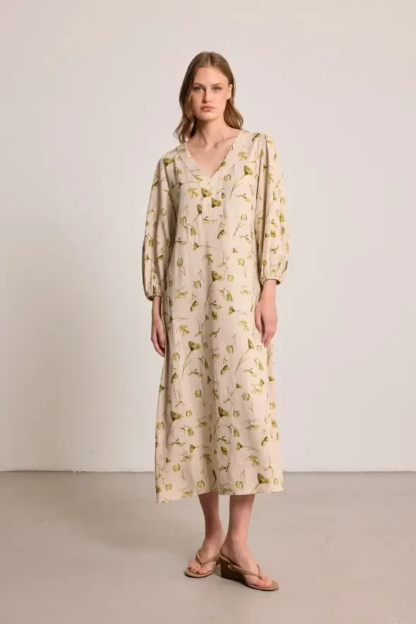 Kelebek Koleksiyonu V Yakalı Uzun Keten Elbise - Bej - Gusto