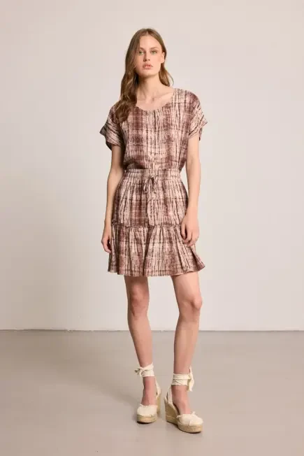 Kelebek Koleksiyonu Volanlı Keten Mini Etek - Kahverengi - Gusto