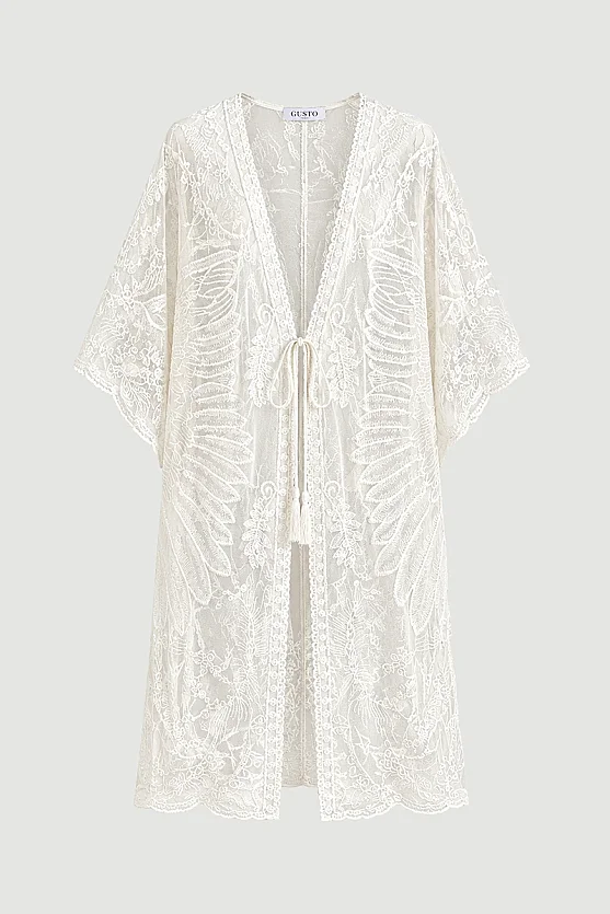 Kelebek Nakışlı Tül Kimono - Bej - 1