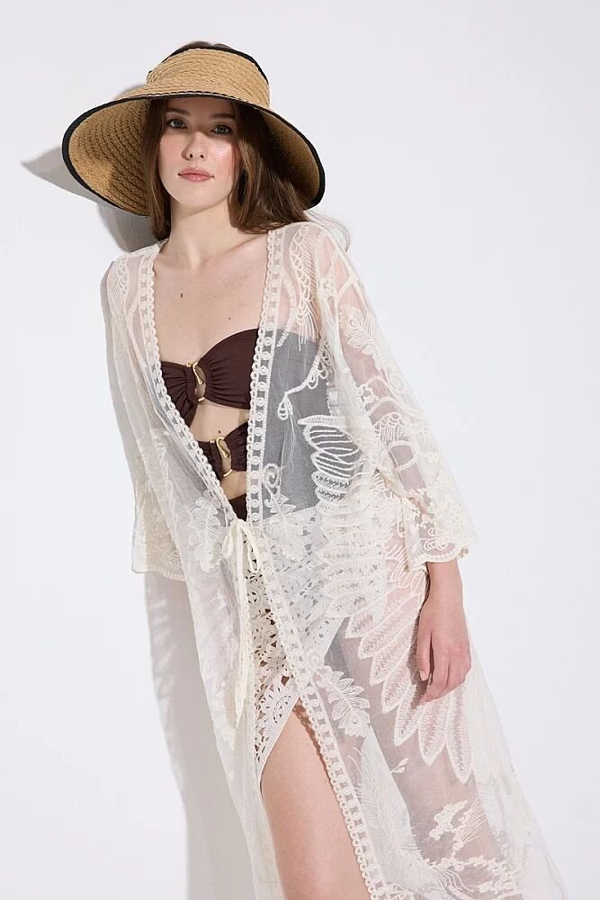 Kelebek Nakışlı Tül Kimono - Bej - Gusto (1)