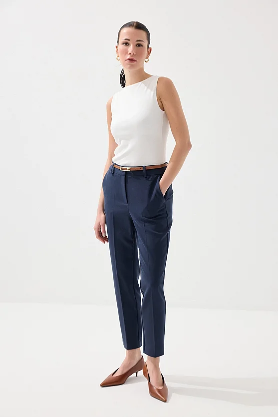 Kemerli Sigaret Koton Pantolon - Lacivert - 1