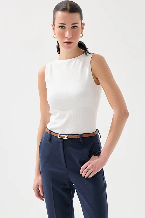 Kemerli Sigaret Koton Pantolon - Lacivert - 3