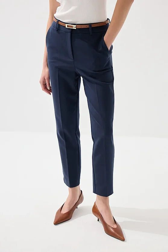 Kemerli Sigaret Koton Pantolon - Lacivert - Gusto