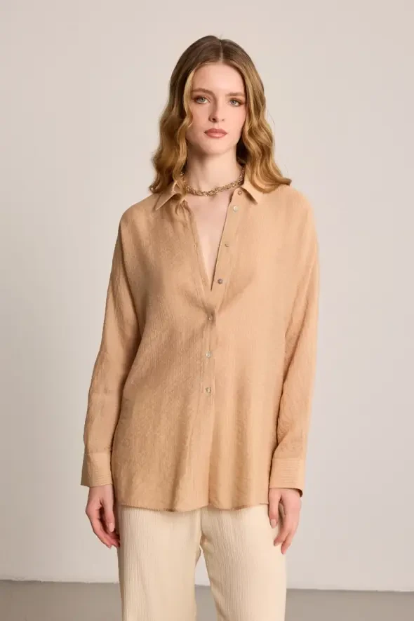 Kendinden Çizgili Gömlek - Camel - Gusto