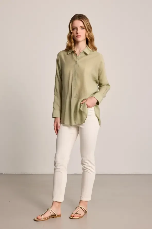 Kendinden Çizgili Gömlek - Yeşil - Gusto