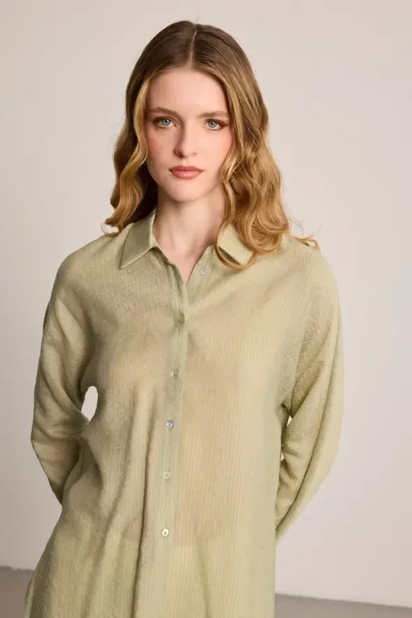 Kendinden Çizgili Gömlek - Yeşil - Gusto