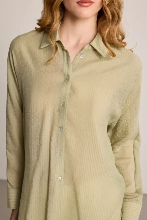 Kendinden Çizgili Gömlek - Yeşil - Gusto