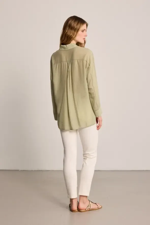 Kendinden Çizgili Gömlek - Yeşil - Gusto