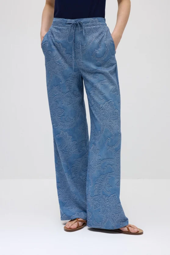 Kendinden Desenli Bol Paça Viskon Pantolon - Mavi - 2