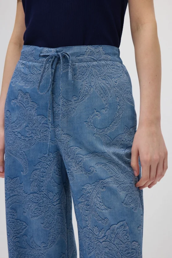 Kendinden Desenli Bol Paça Viskon Pantolon - Mavi - 4