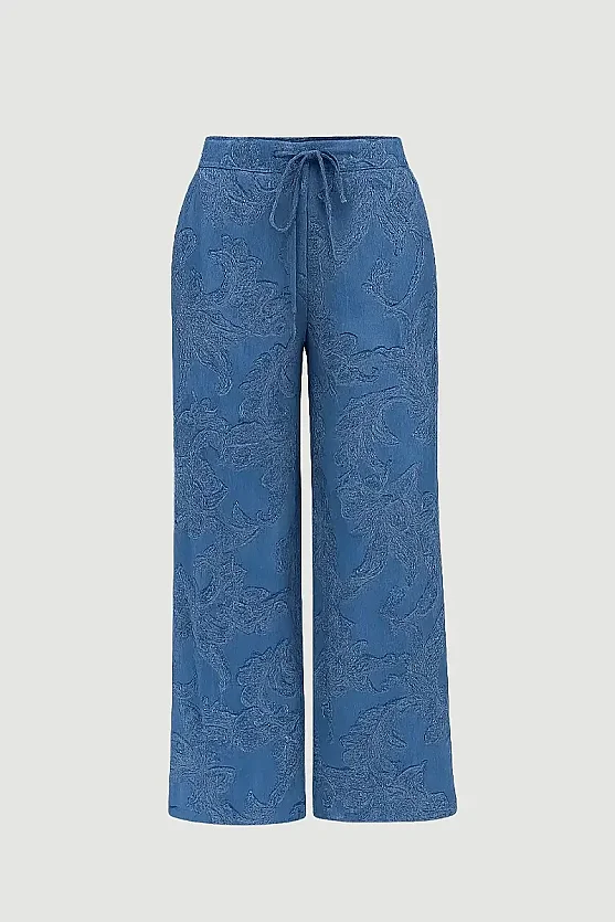 Kendinden Desenli Bol Paça Viskon Pantolon - Mavi - 6