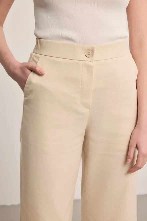 Keten Bol Paça Pantolon - Ekru - 3