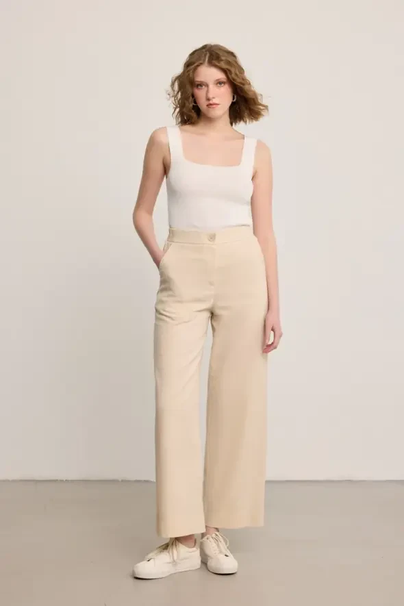 Keten Bol Paça Pantolon - Ekru - 4