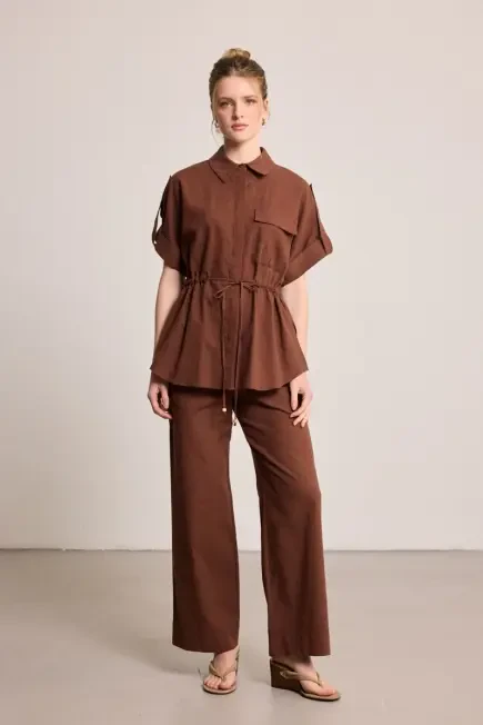Keten Bol Paça Pantolon - Kahverengi - Gusto