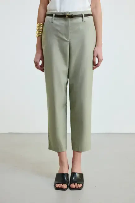 Keten Karışımlı Beli Kemerli Havuç Pantolon - Yeşil - Gusto