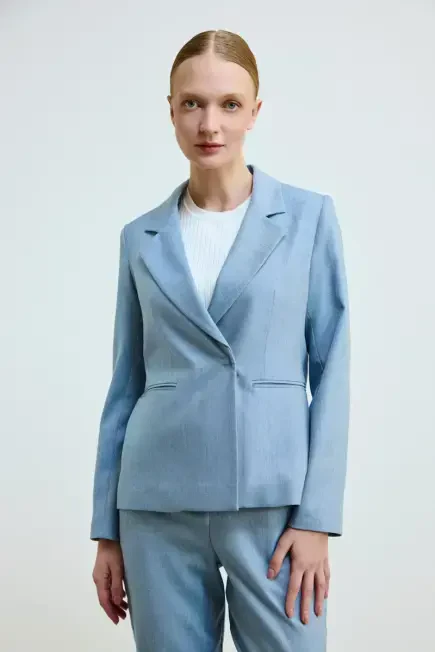 Keten Karışımlı Blazer Ceket - Mavi Mavi