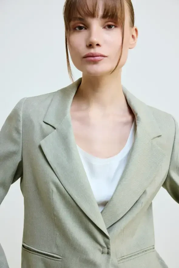 Keten Karışımlı Blazer Ceket - Yeşil - 3