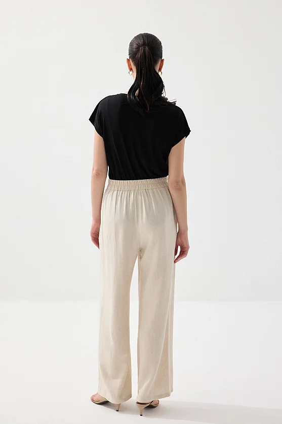 Bol Paça Keten Pantolon - Bej - Gusto