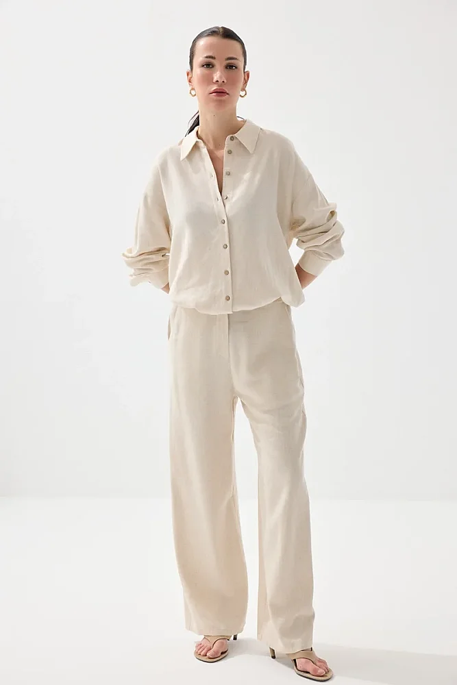 Bol Paça Keten Pantolon - Bej