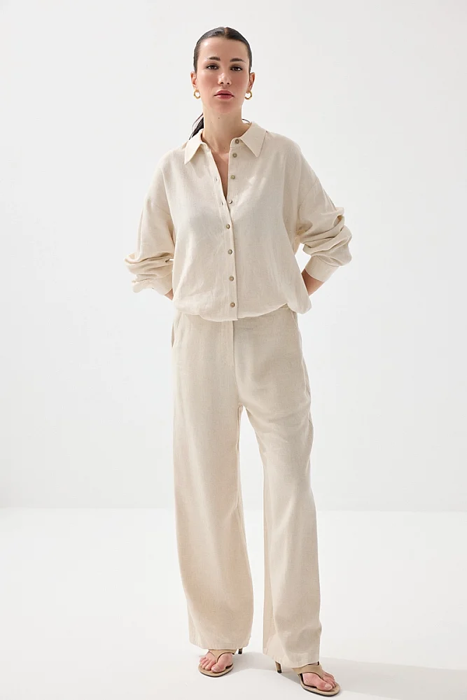 Bol Paça Keten Pantolon - Bej - Gusto