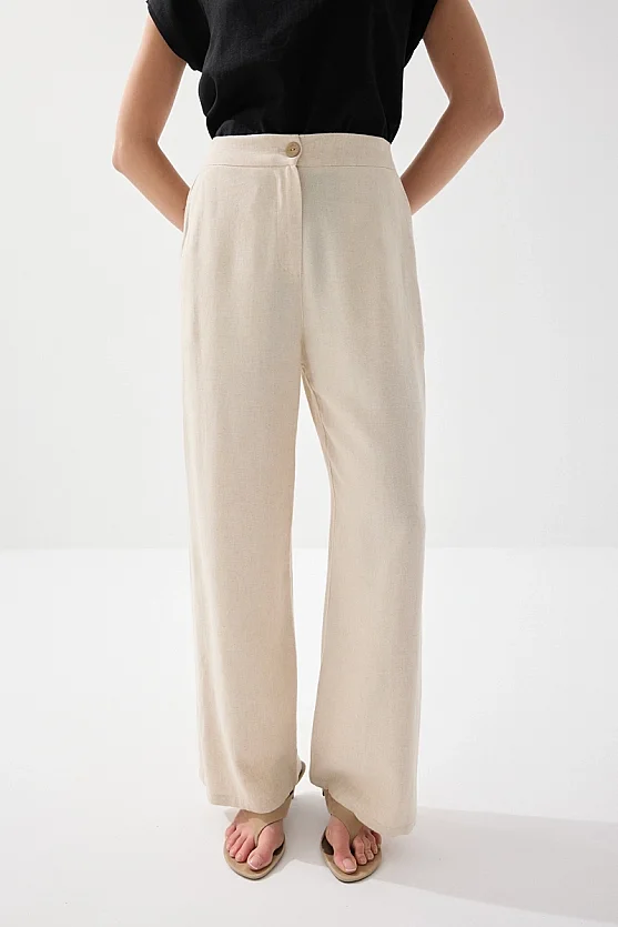 Bol Paça Keten Pantolon - Bej - Gusto