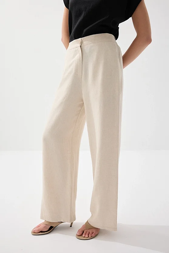 Bol Paça Keten Pantolon - Bej - Gusto