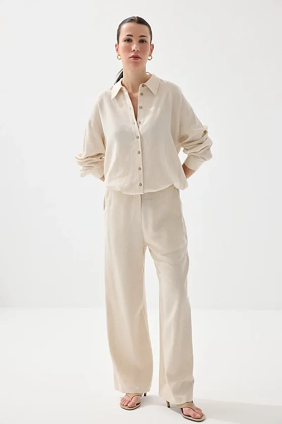 Bol Paça Keten Pantolon - Bej - Gusto