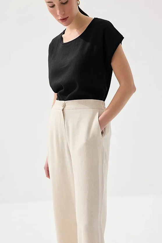 Bol Paça Keten Pantolon - Bej - Gusto