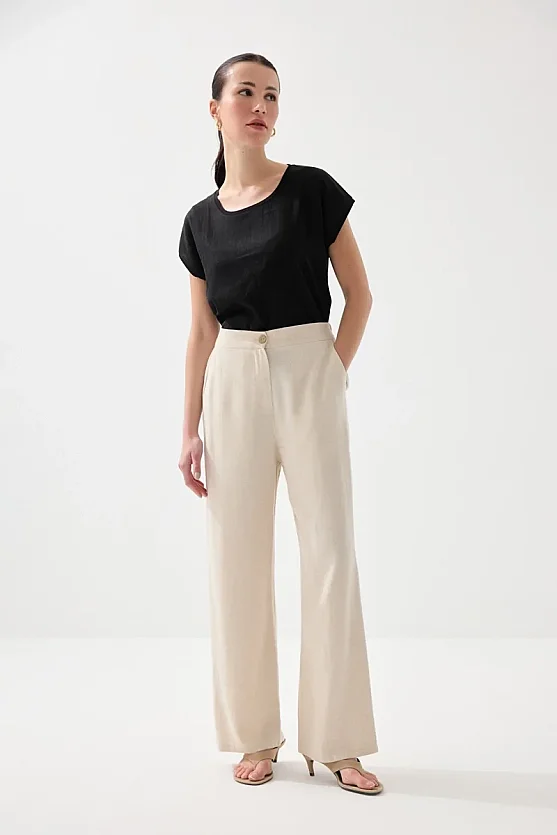 Bol Paça Keten Pantolon - Bej - Gusto