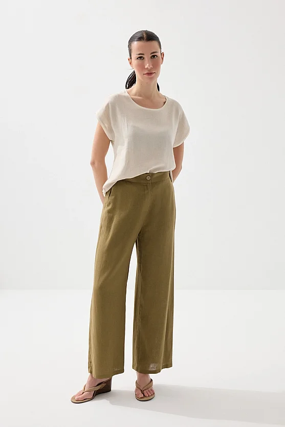 Bol Paça Keten Pantolon - Haki - 3