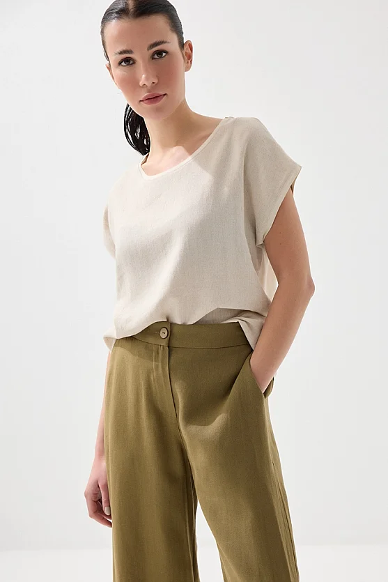 Bol Paça Keten Pantolon - Haki - 5
