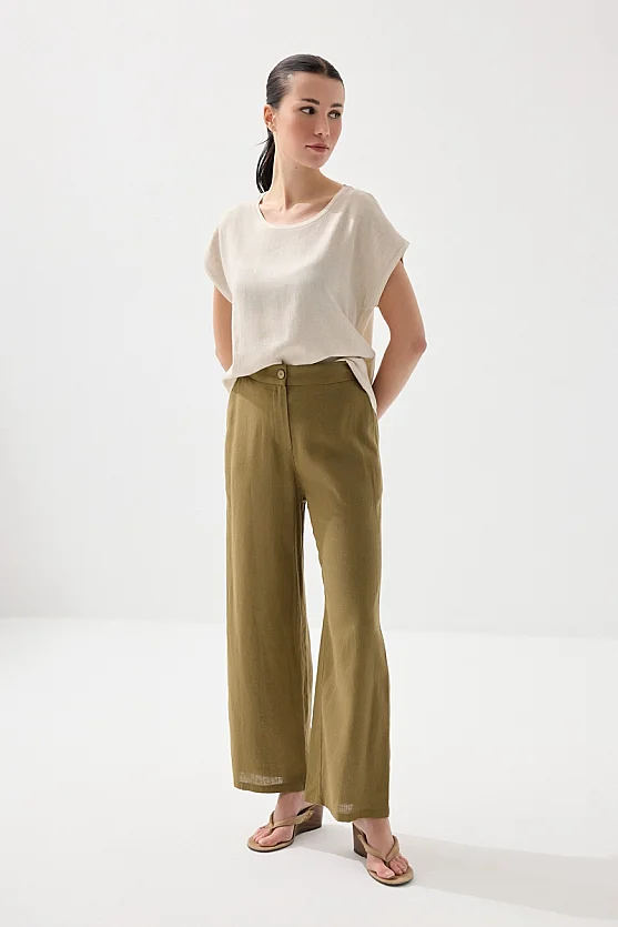 Bol Paça Keten Pantolon - Haki - 4