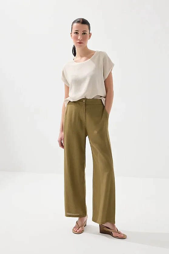 Bol Paça Keten Pantolon - Haki - 3